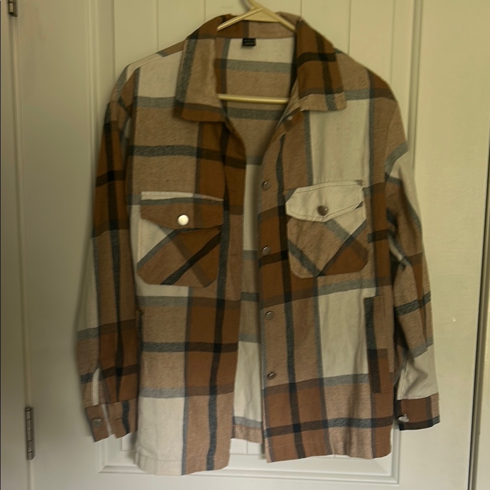 SHEIN Brown and Cream Lightweight Shirt Jacket